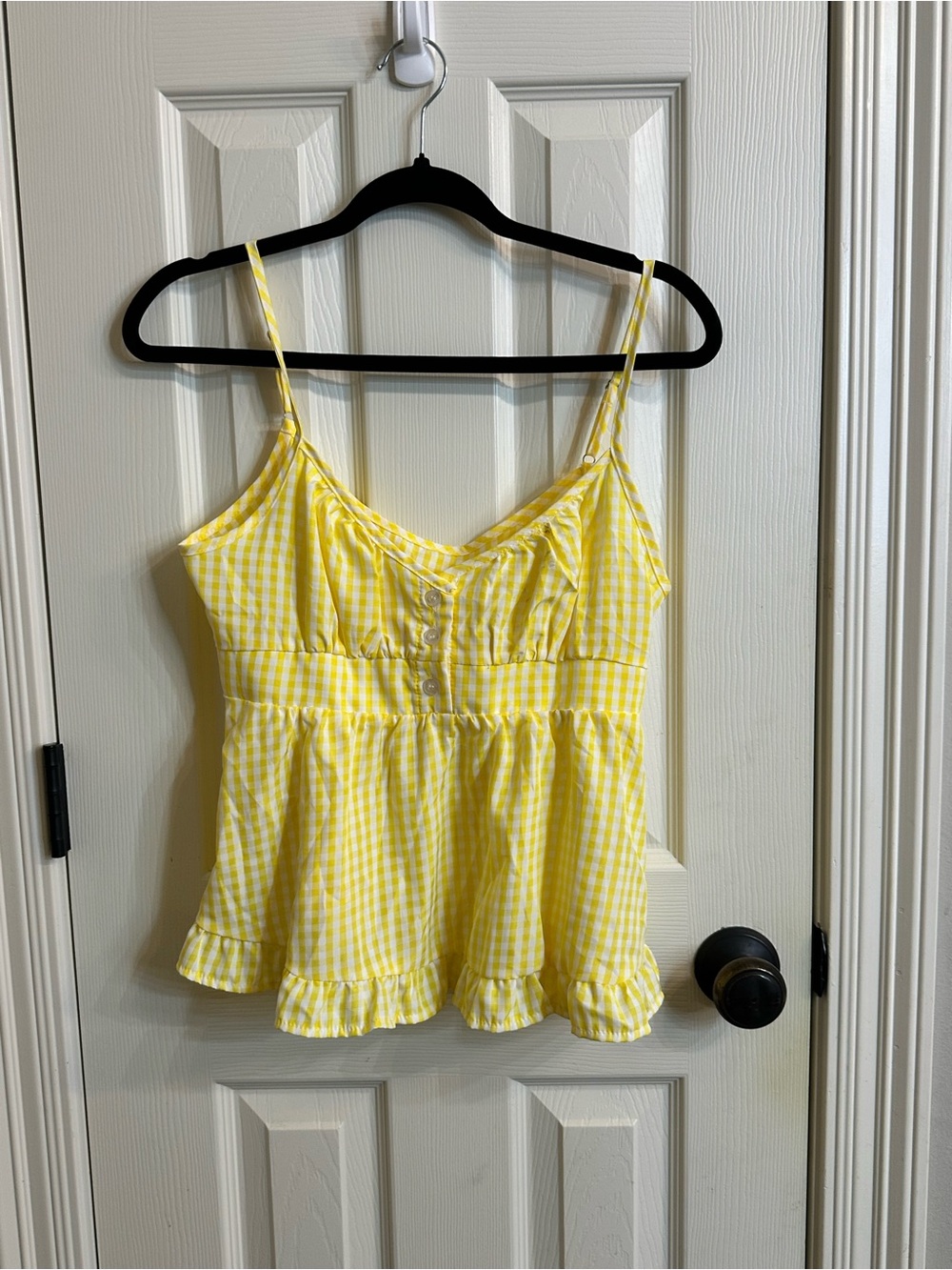 Yellow Gingham Spaghetti Strap Peplum Top